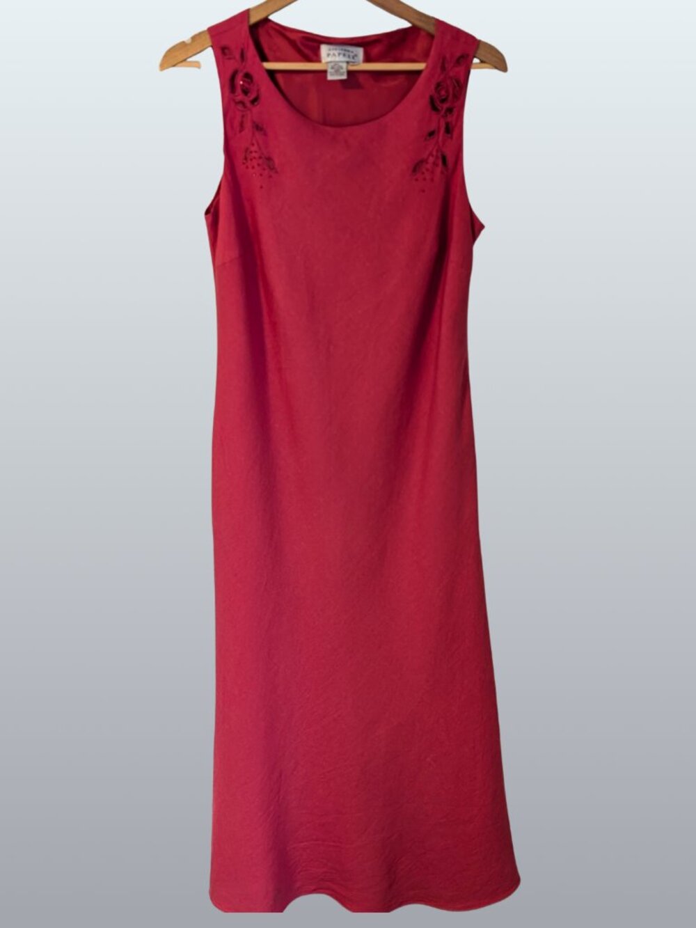 Adrianna Papell Y2K Linen Blend Maxi Dress Red 14 Cutwork Floral Romantic EUC ❤️ - Picture 3 of 13